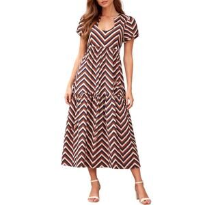 Never A Wallflower Safari Chevron Midi Poplin Dress Short Puff Sleeve Sz Small